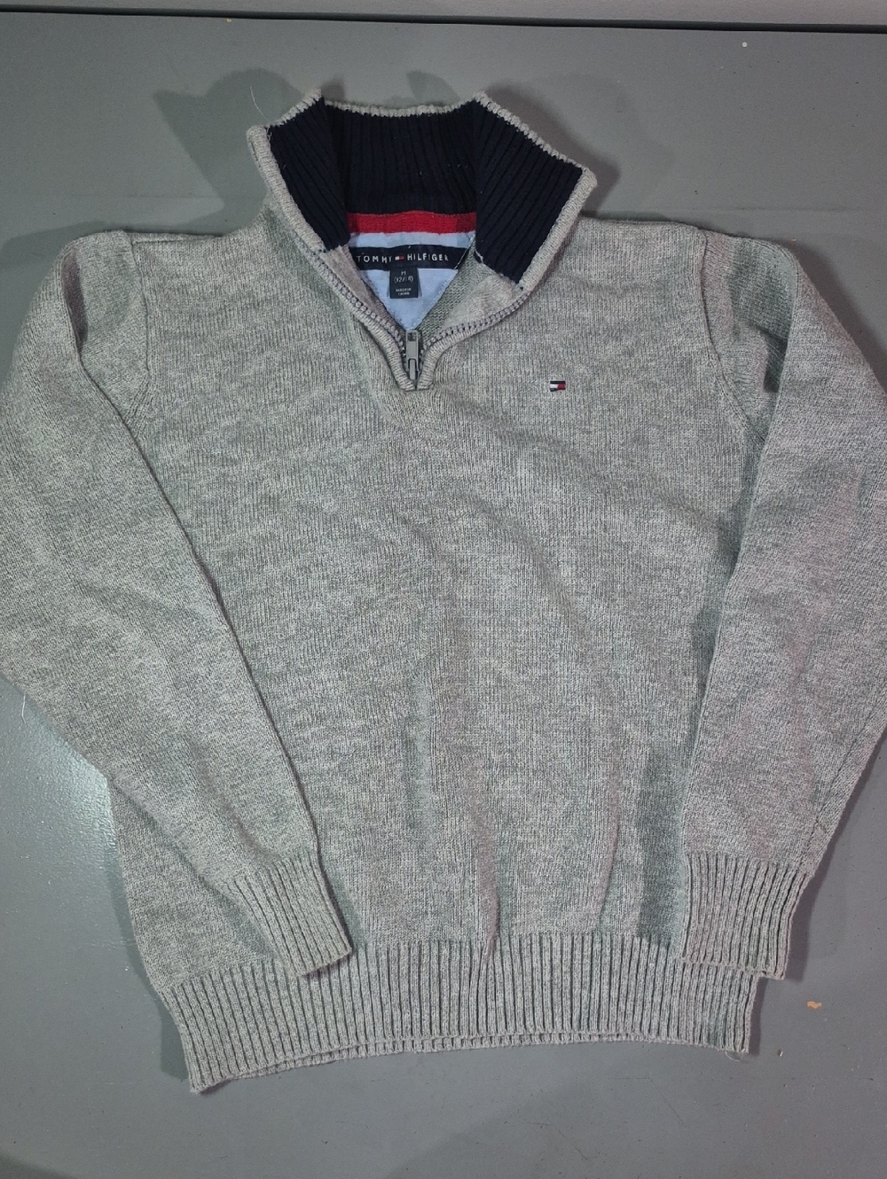 Tommy Hilfiger Men's Light Gray Zip-Neck Sweater with Navy Trim